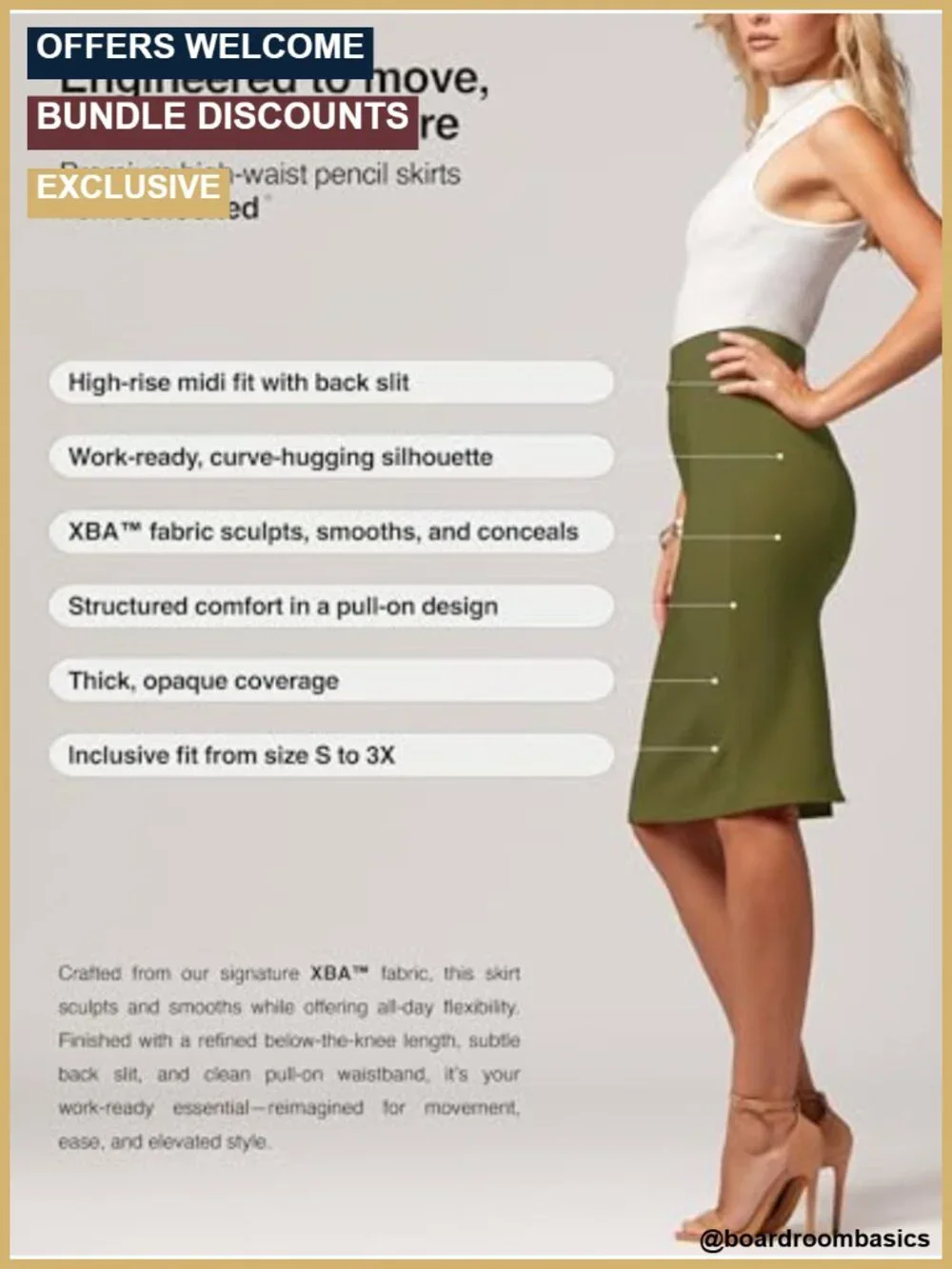 Stretch Pencil Skirt - Pull On Midi Length - Wear to Work - High Rise